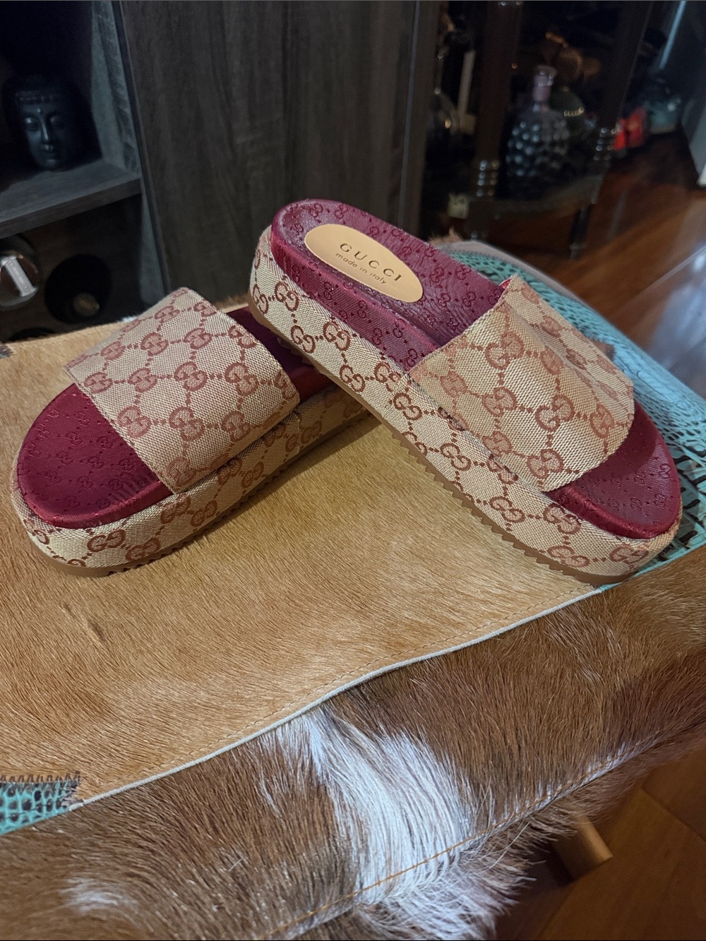 Beige & Burgundy GG Monogram Platform Slide Sandals